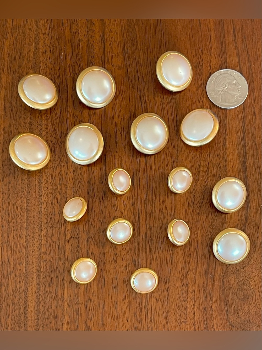 Vintage 80s Pearl and Gold Rimmed Shank Metal Buttons Set of 16 NOS